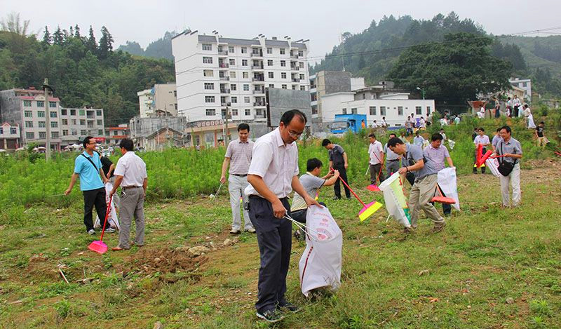 自治县党委常委、组织部部长赵正勇（前中）在那社乡参与清洁活动。